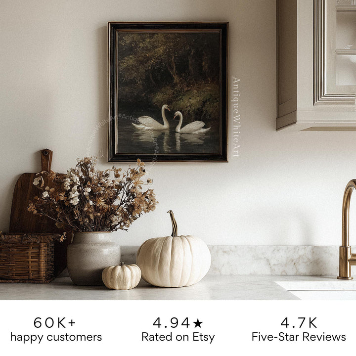 Vintage Style Swan Lake Painting Fall Moody Landscape Wall Art Antique Dark Farmhouse Decor A610 Print