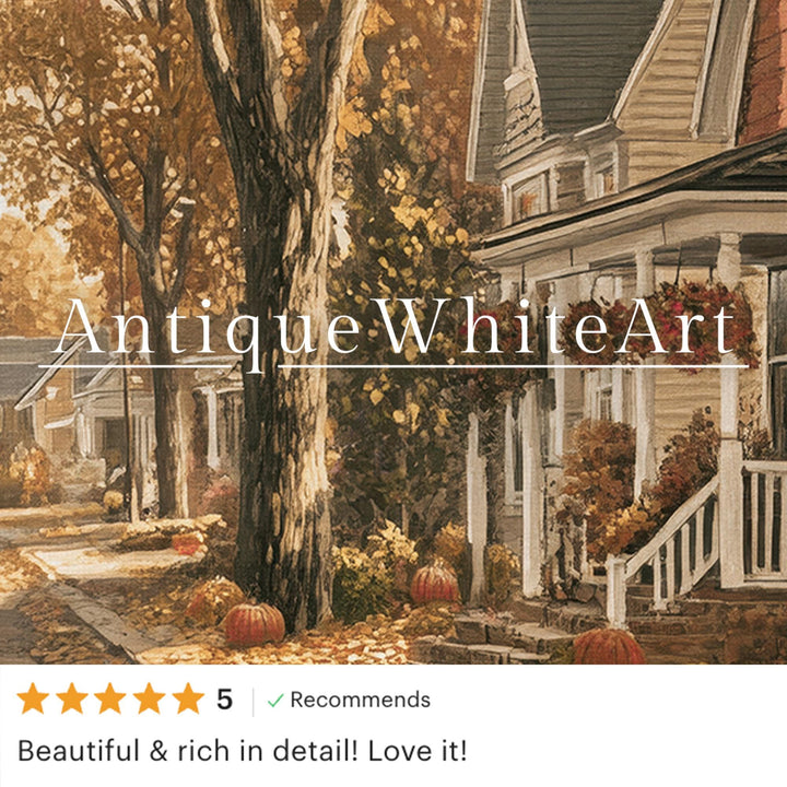 Vintage Style Fall Landscape Print: Cozy Town Warm Tones ( ) Print Wall Art