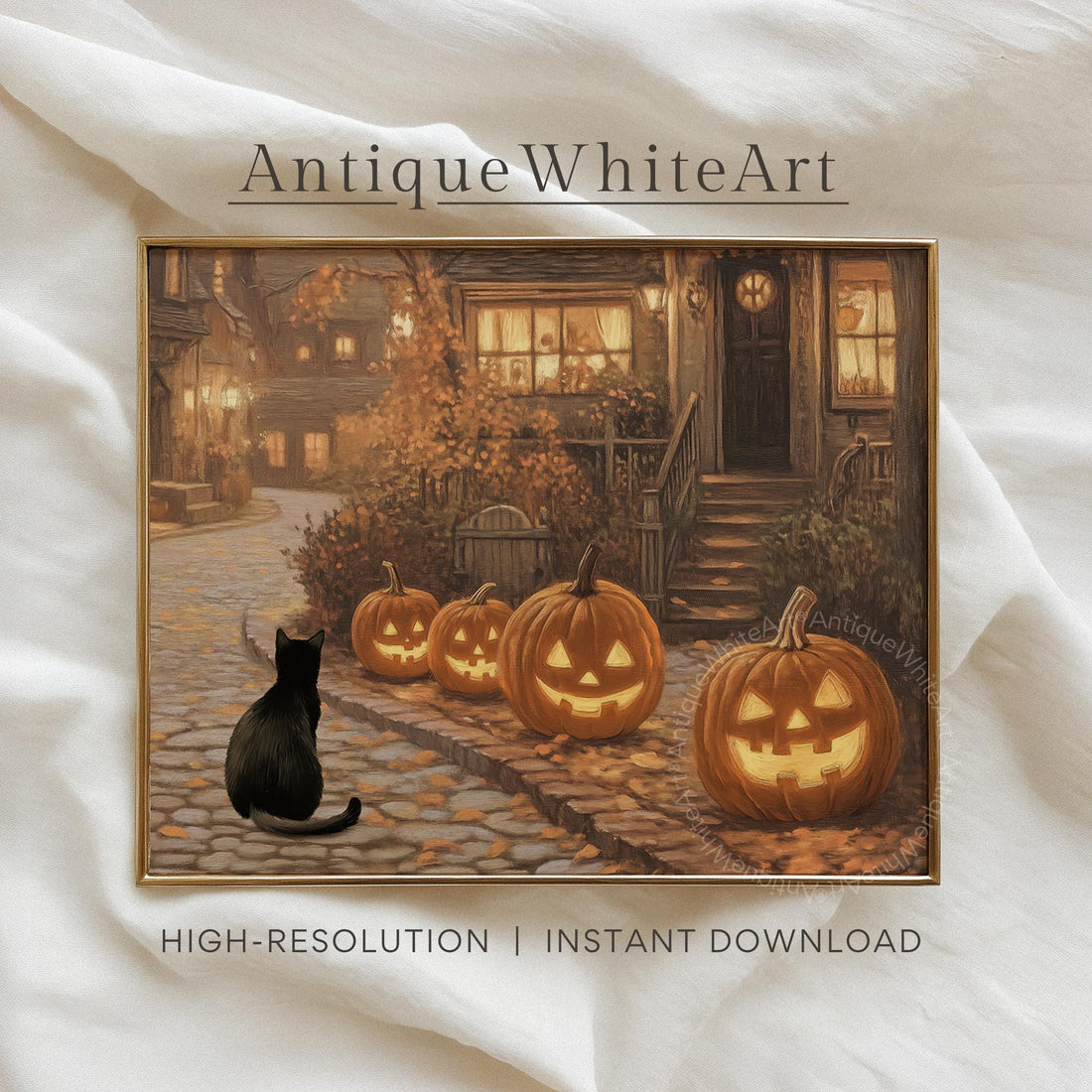 Vintage Style Halloween Print: Black Cat & Jack-o-lanterns ( ) Print Wall Art