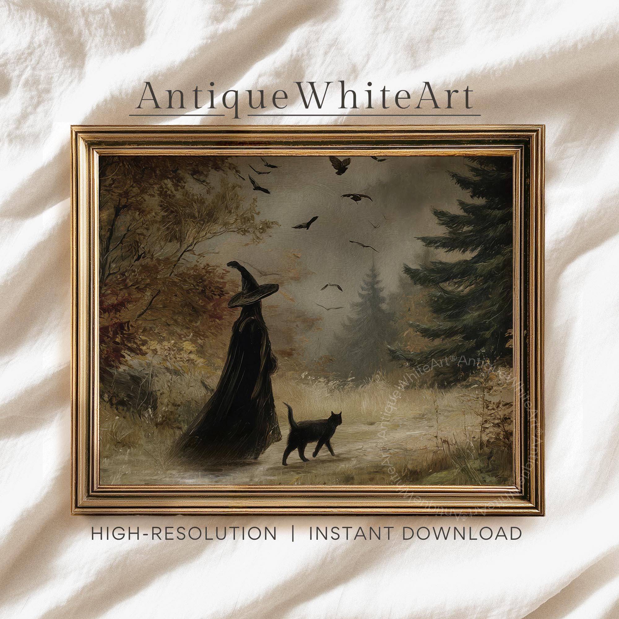 Witch and Black Cat Halloween Print: Vintage Style Autumn Forest ( ) Print Wall Art