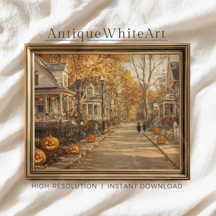Halloween Street Scene Print: Vintage Style Jack O'Lantern Porch Art ( ) Print Wall