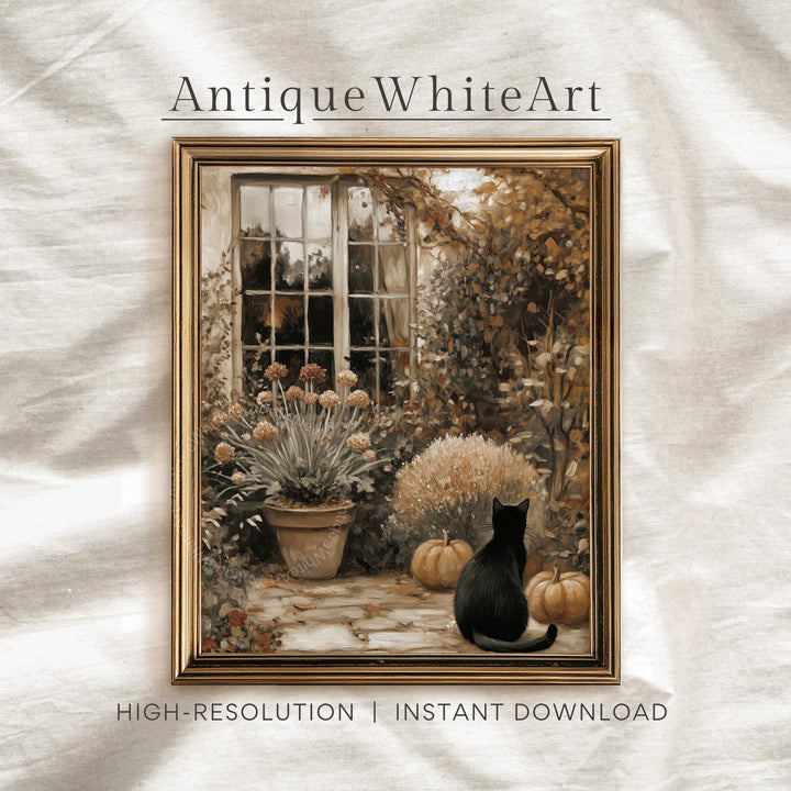 Black Cat Pumpkin Patch Print: Vintage Style Autumn Cottage Garden Art ( ) Print Wall