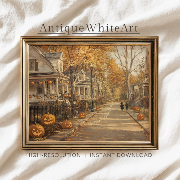 Vintage Style Halloween Town Print: Spooky Autumn Street ( ) Print Wall Art