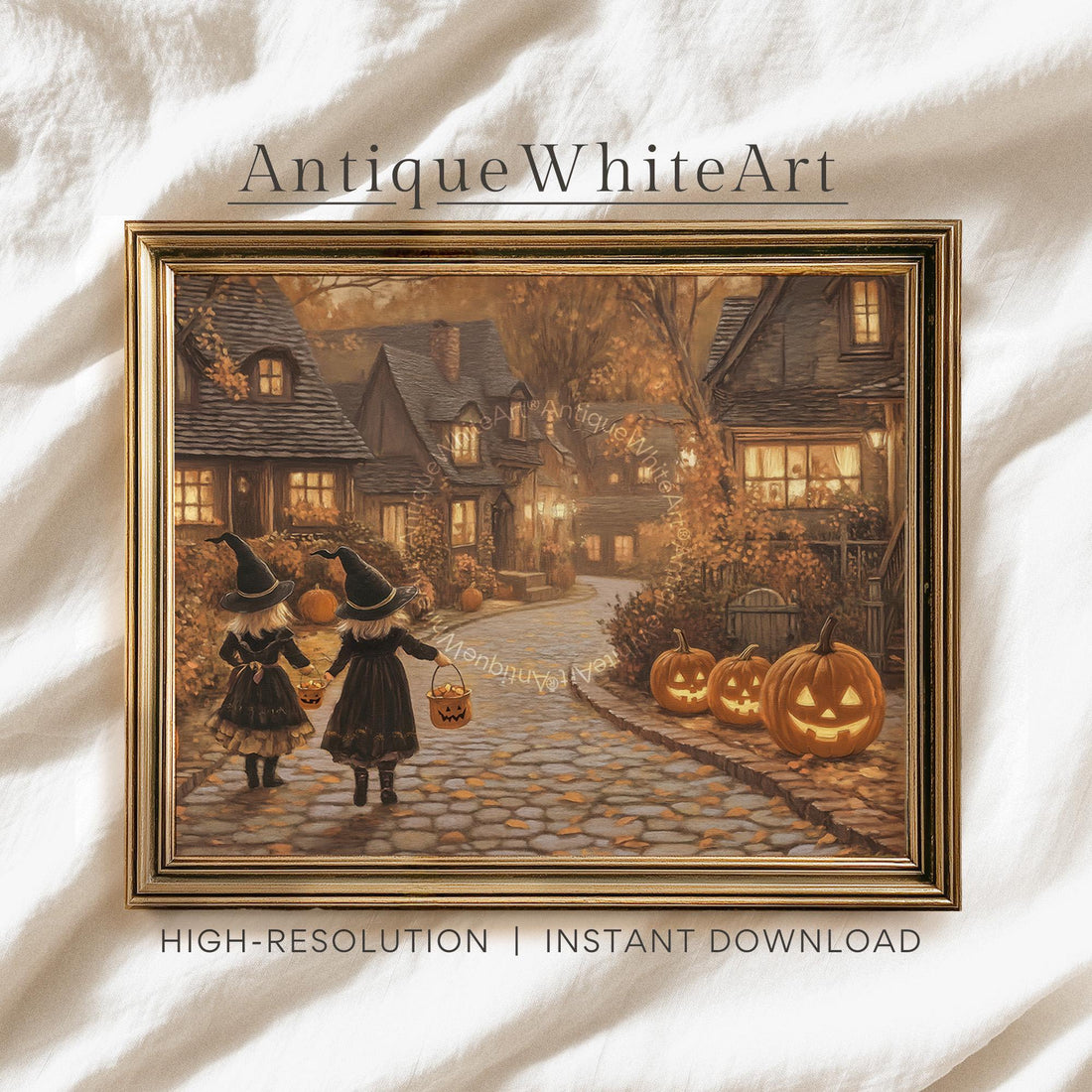 Vintage Style Halloween Town Street Print: Spooky Autumn Landscape ( ) Print Wall Art