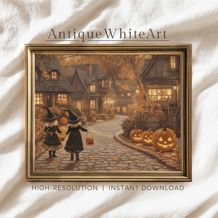 Vintage Style Halloween Town Street Print: Spooky Autumn Landscape ( ) Print Wall Art