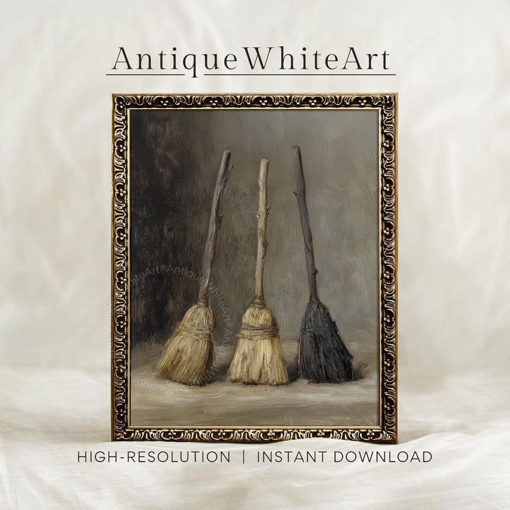 Vintage Style Halloween Print: Three Witch Brooms Rustic Moody Decor ( ) Print Wall Art