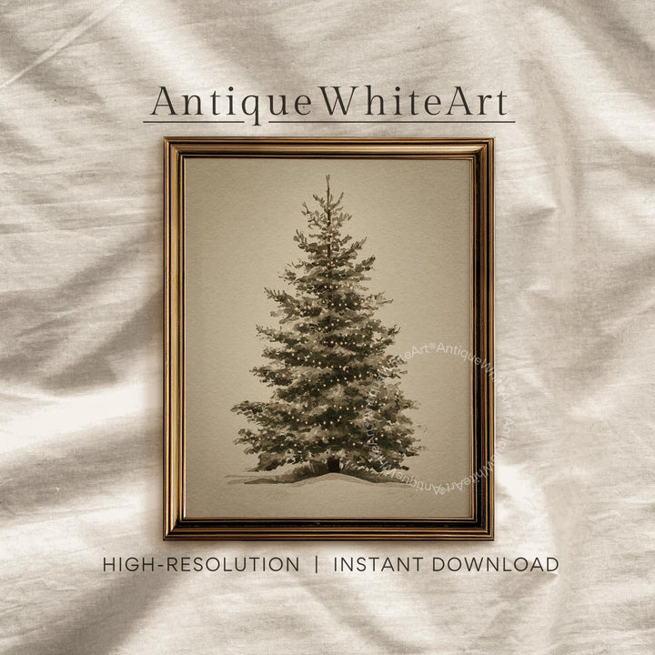 Vintage Style Christmas Tree Watercolor Painting: Snowy Evergreen Neutral Winter Decor ( ) W162 Print Wall Art