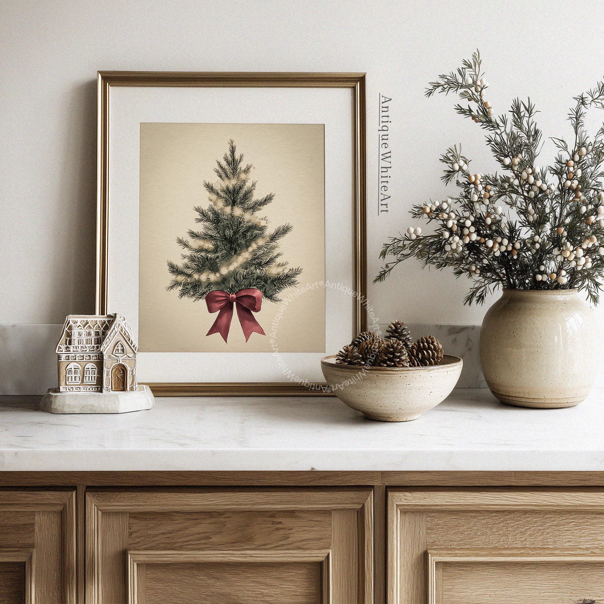 Vintage Style Christmas Tree Print: Red Bow Holiday Wall Art ( ) W168 Print