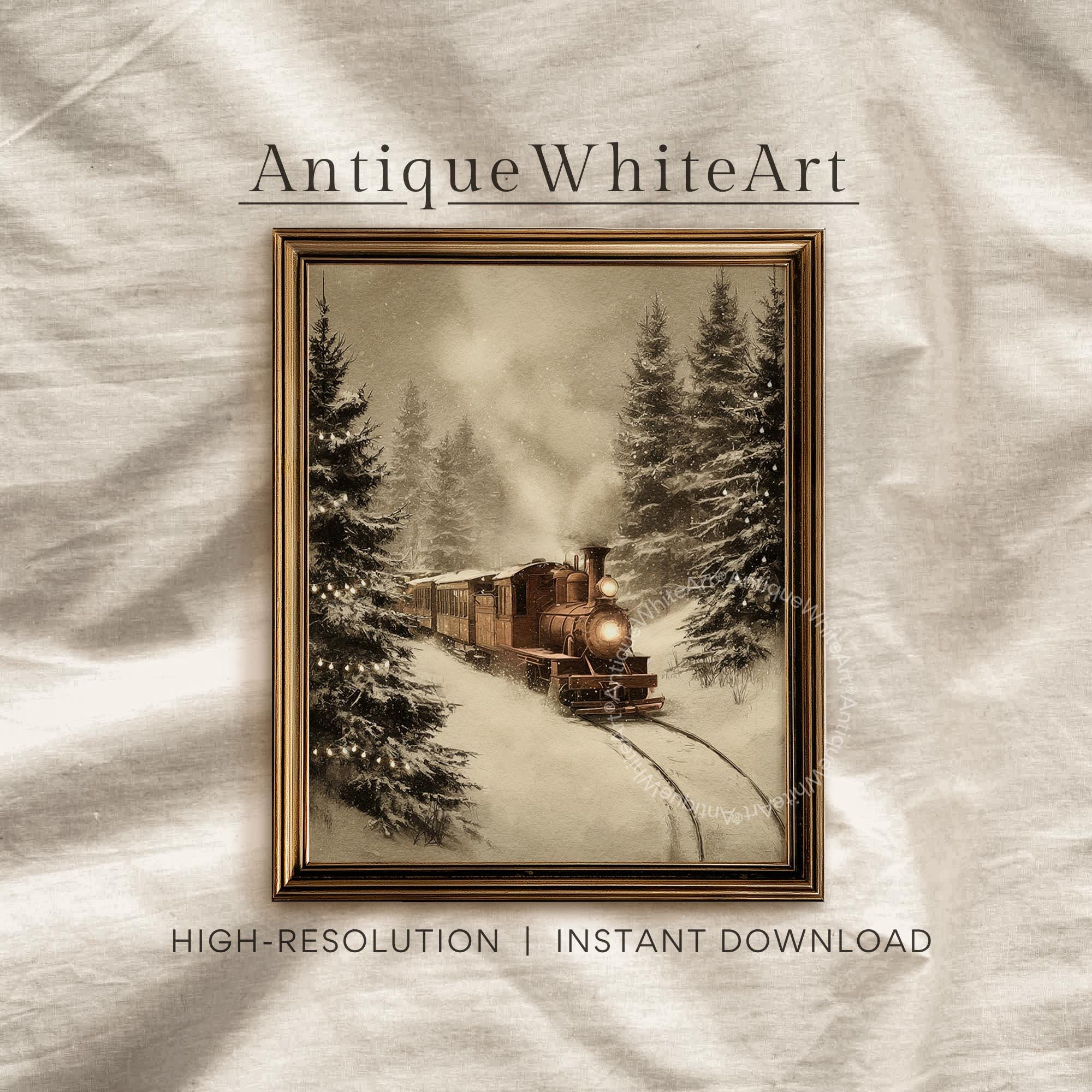 Vintage Style Winter Train Art Print: Steam Engine Snowy Pines ( ) W167 Print Wall