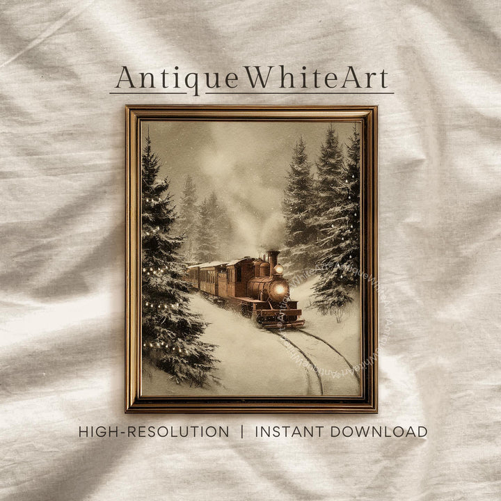 Vintage Style Winter Train Art Print: Steam Engine Snowy Pines ( ) W167 Print Wall