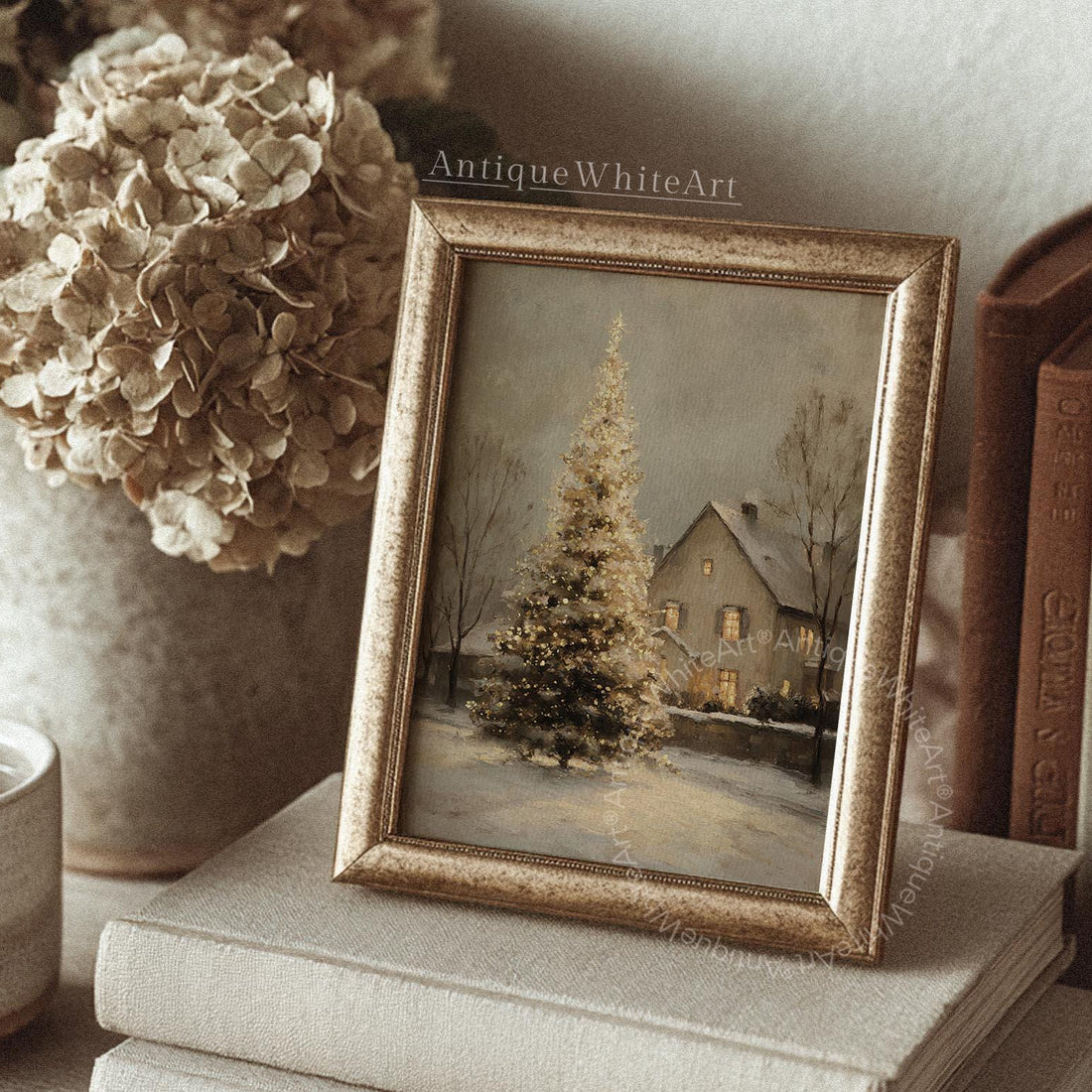 Vintage Style Christmas Tree Painting: Snowy Winter Scene Art ( ) W175 Print Wall