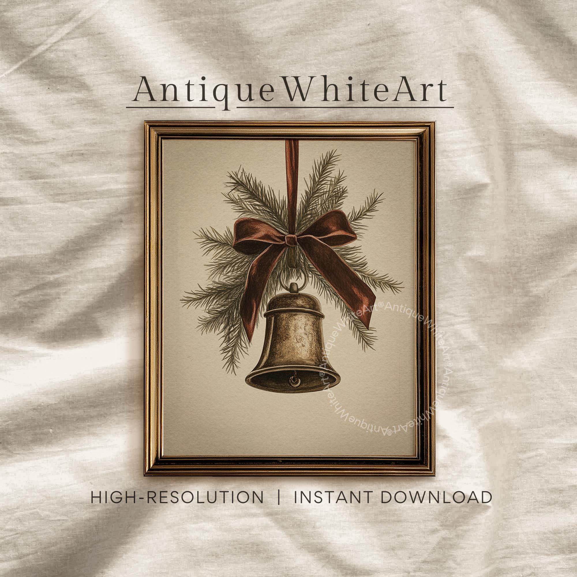 Vintage Style Christmas Bell Drawing: Rustic Holiday Print ( ) W176 Wall Art