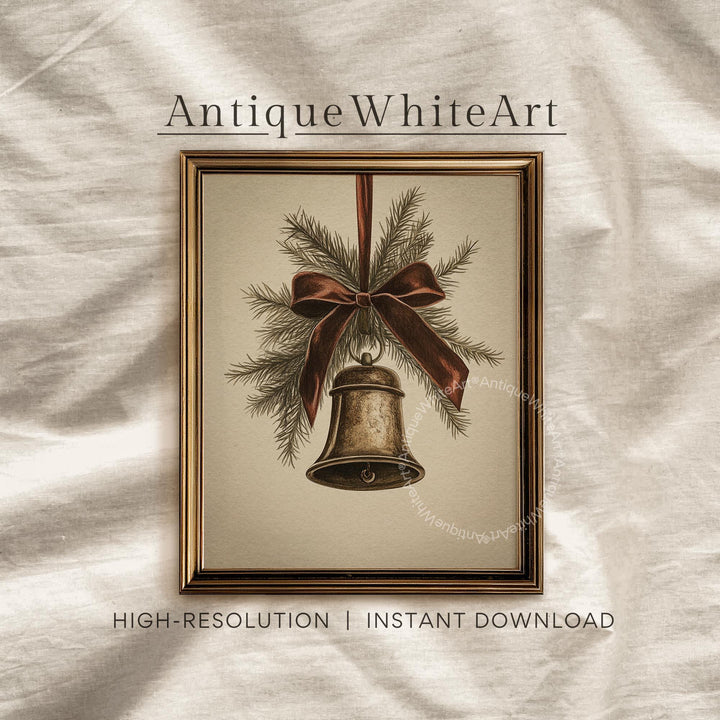 Vintage Style Christmas Bell Drawing: Rustic Holiday Print ( ) W176 Wall Art