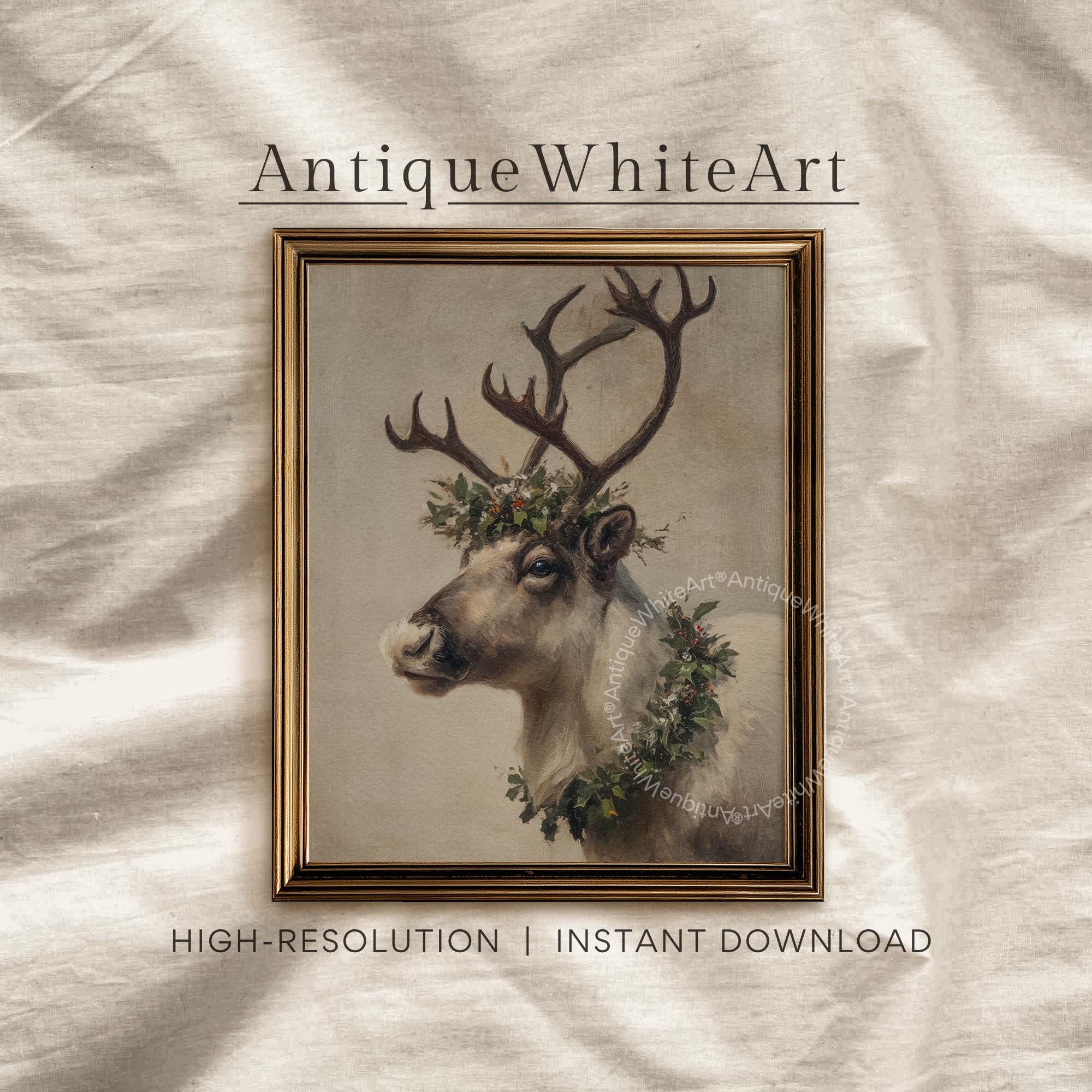 Vintage Style Reindeer Painting: Christmas Wall Art ( ) W172 Print