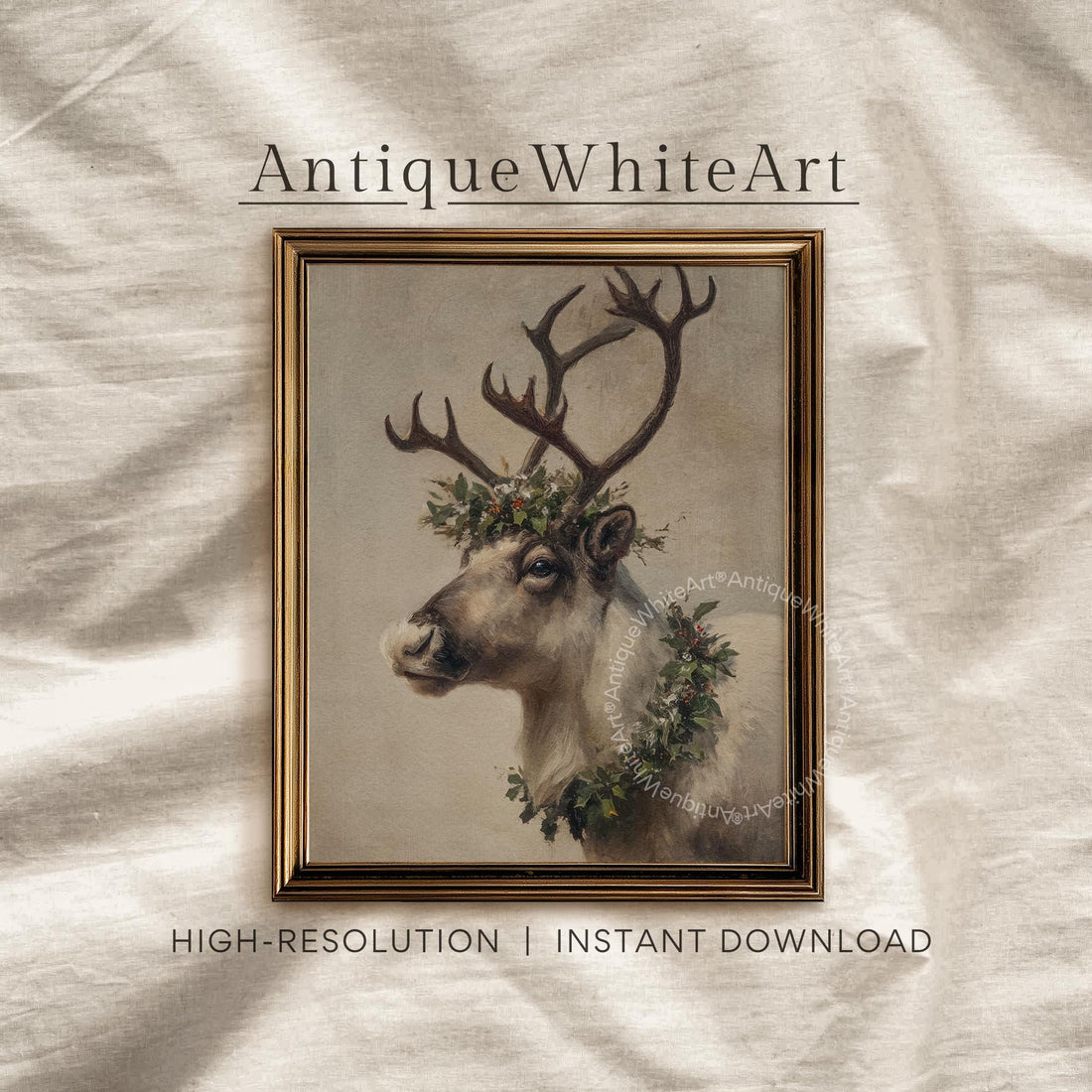 Vintage Style Reindeer Painting: Christmas Wall Art ( ) W172 Print