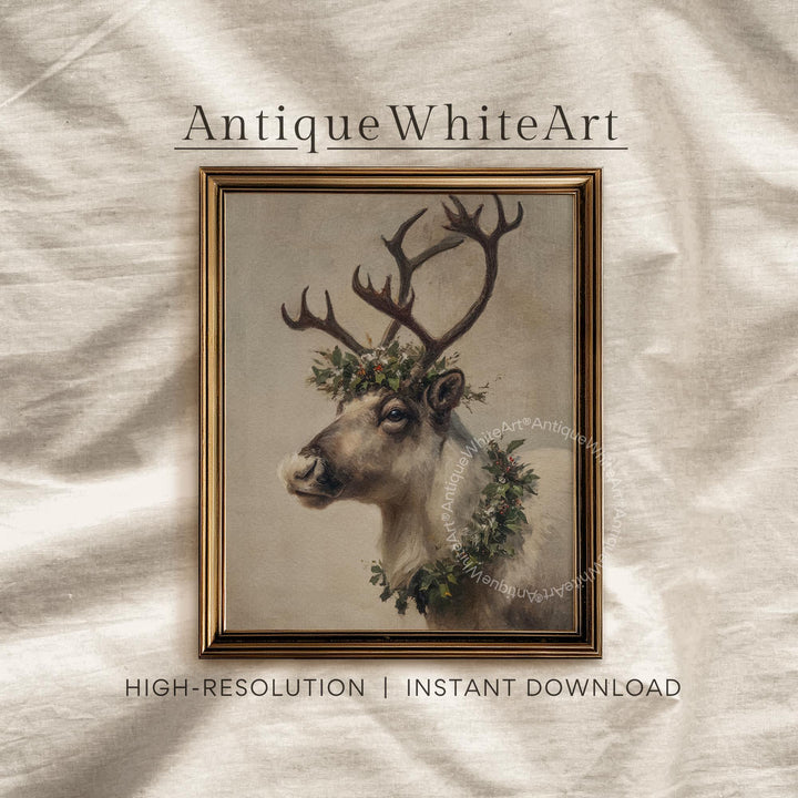 Vintage Style Reindeer Painting: Christmas Wall Art ( ) W172 Print