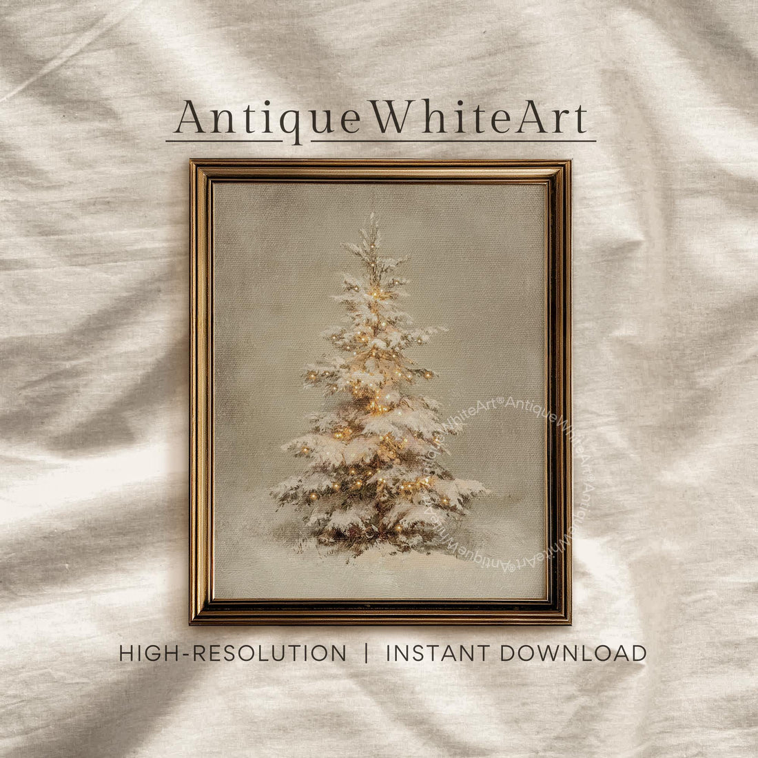 Vintage Style Christmas Tree Print: Snowy Evergreen Twinkle Lights ( ) W170 Print Wall Art