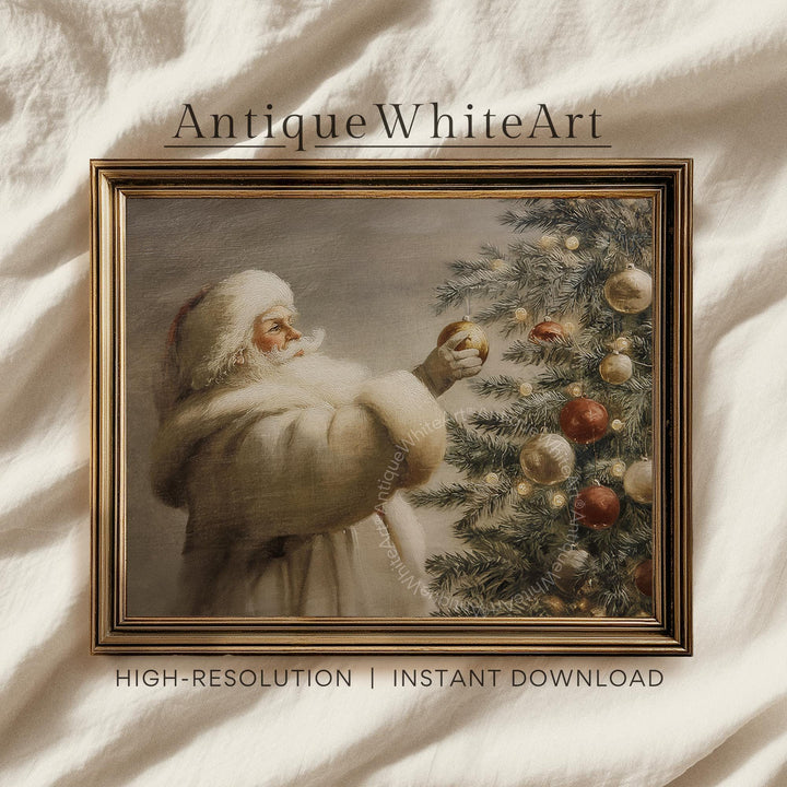Antique Santa Decorating Tree Painting: Vintage Style Christmas Wall Art ( ) W178 Print