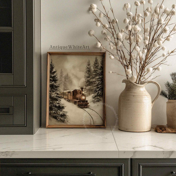 Vintage Style Winter Train Art Print: Steam Engine Snowy Pines ( ) W167 Print Wall