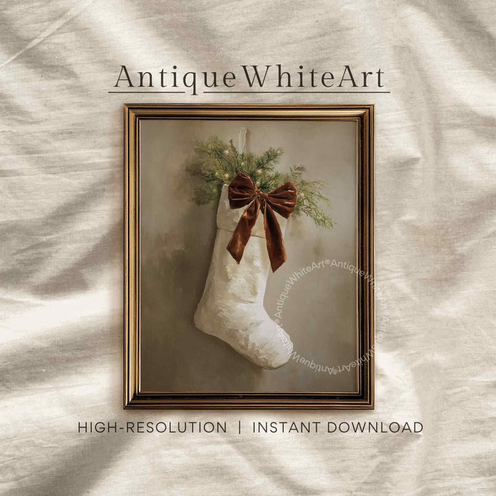 Vintage Style Christmas Stocking Art Print: Rustic Holiday Wall Decor ( ) Print