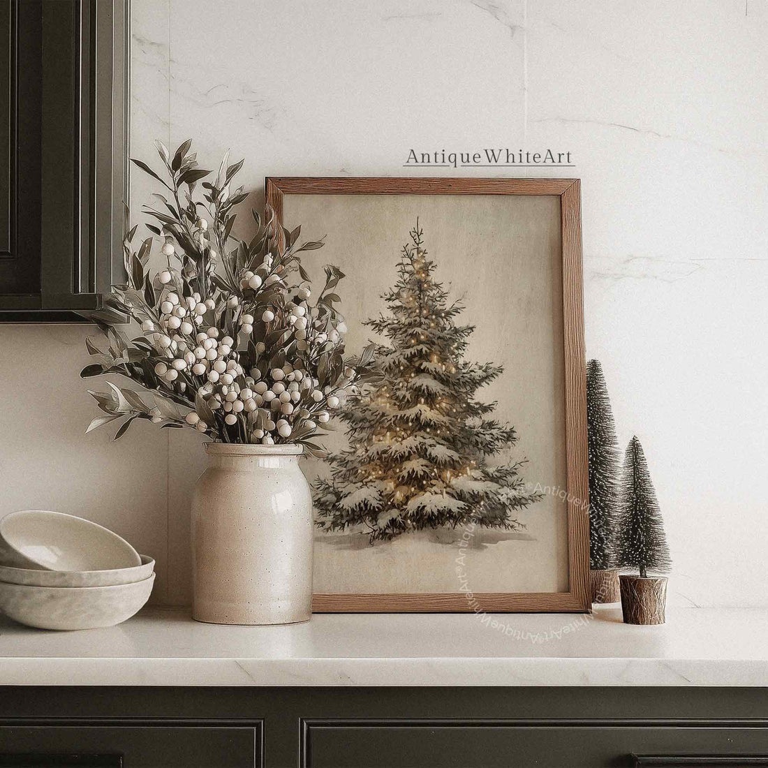 Vintage Style Christmas Tree Painting: Rustic Winter Wall Art ( Print) W171 Print