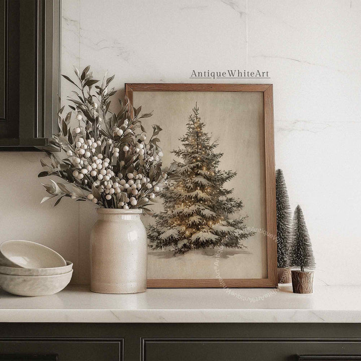 Vintage Style Christmas Tree Painting: Rustic Winter Wall Art ( Print) W171 Print