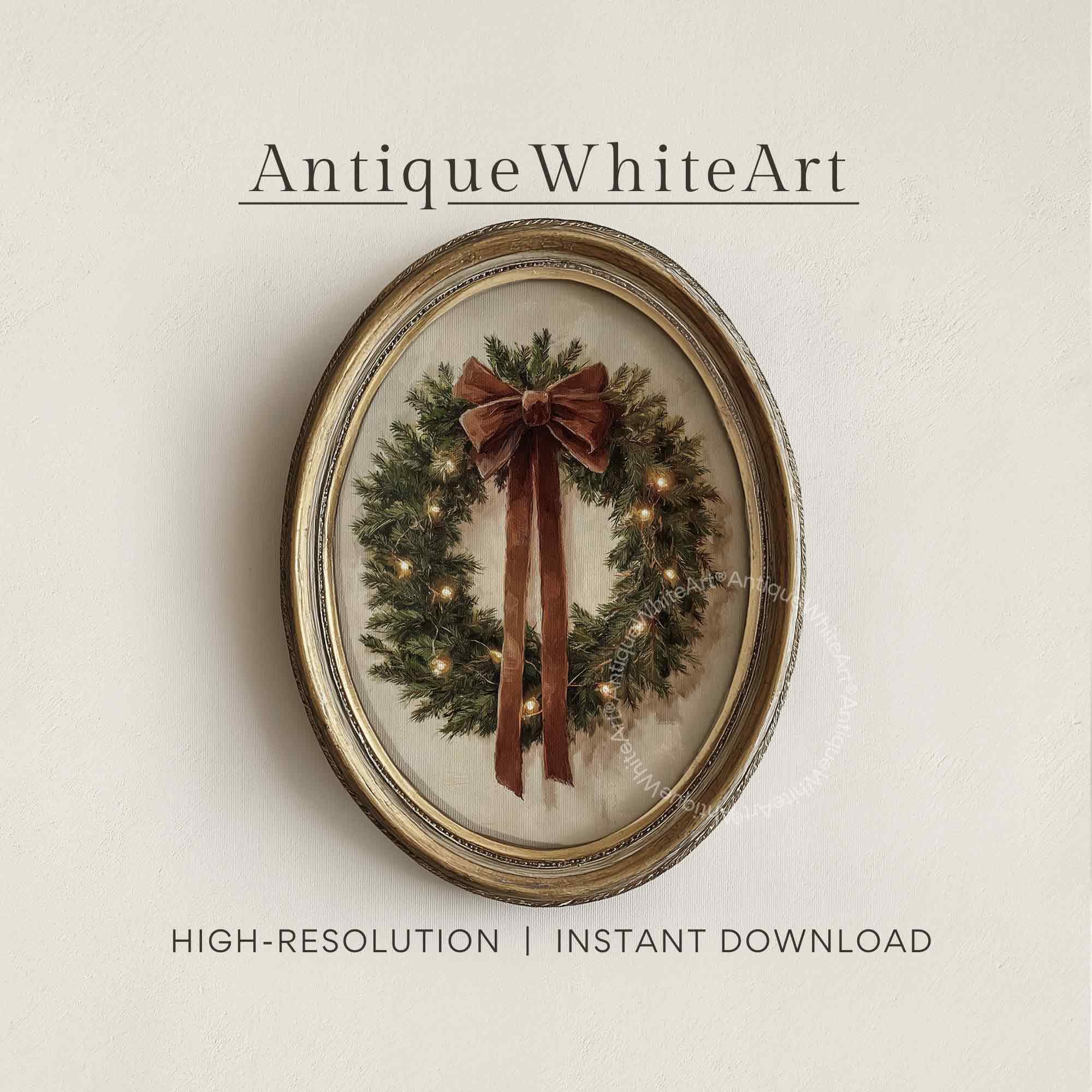 Vintage Style Christmas Wreath Painting: Rustic Holiday Wall Art ( ) W143 Print