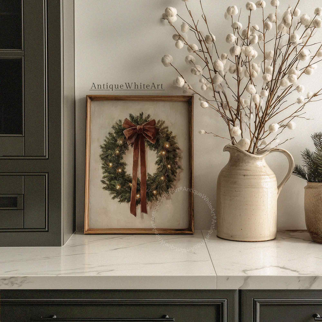 Vintage Style Christmas Wreath Painting: Rustic Holiday Wall Art ( ) W143 Print