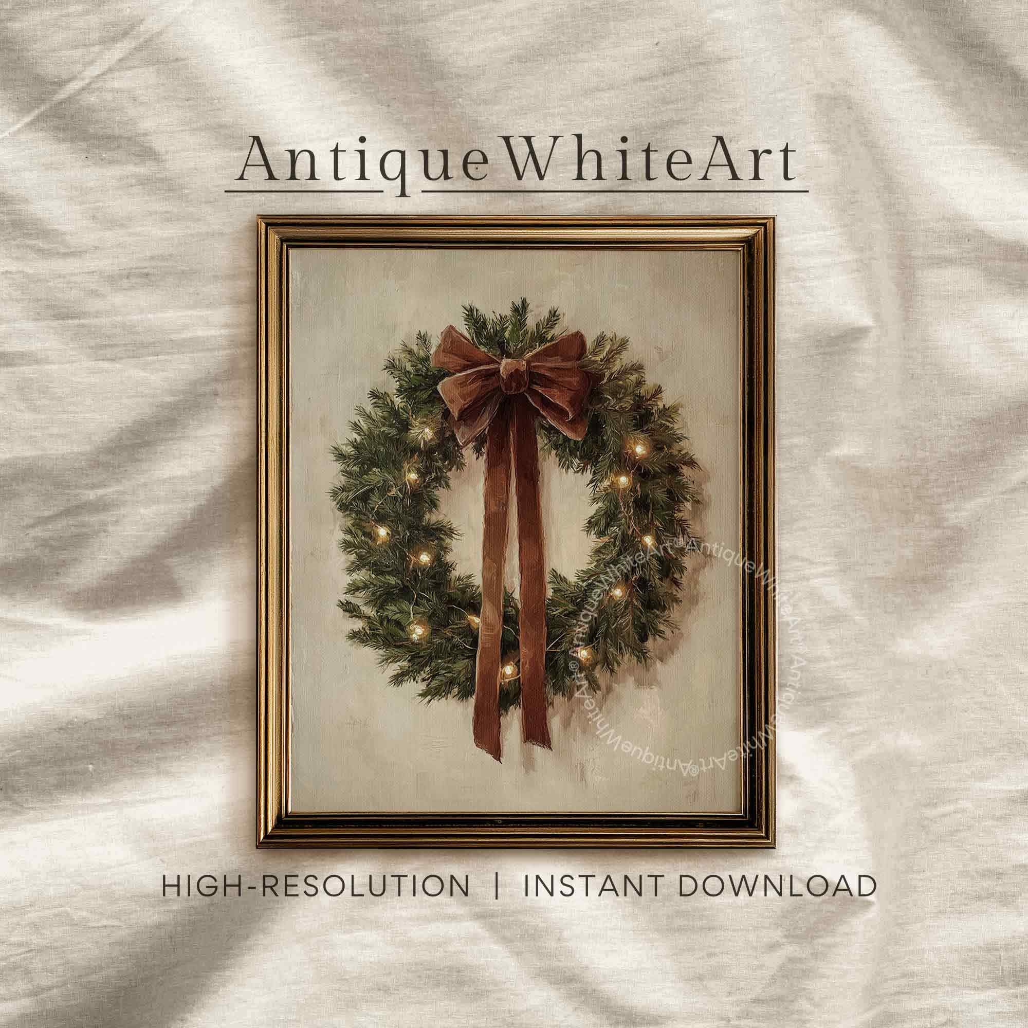 Vintage Style Christmas Wreath Painting: Rustic Holiday Wall Art ( ) W143 Print