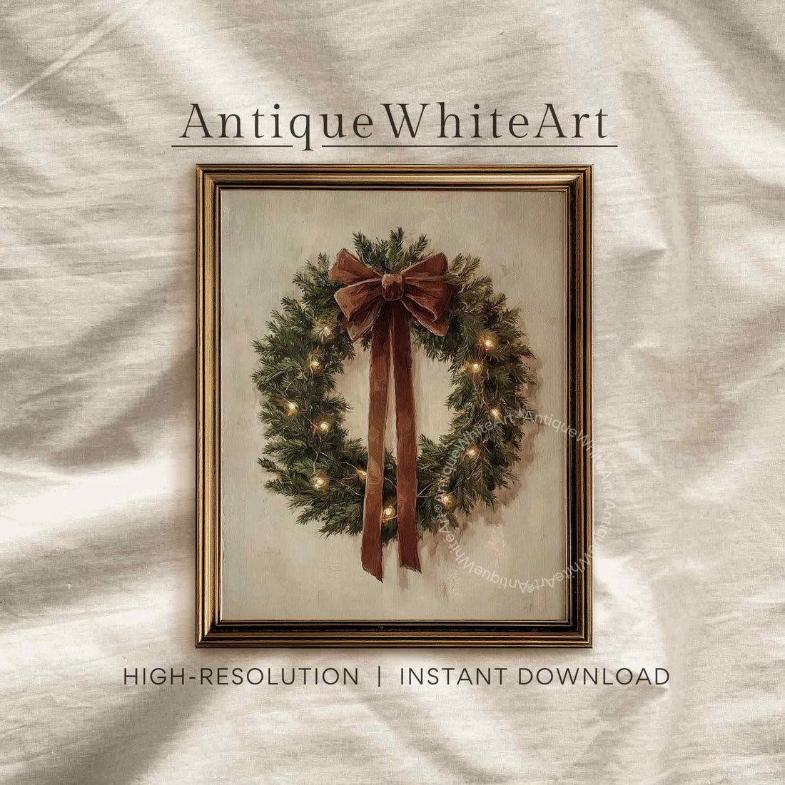 Vintage Style Christmas Wreath Painting: Rustic Holiday Wall Art ( ) W143 Print