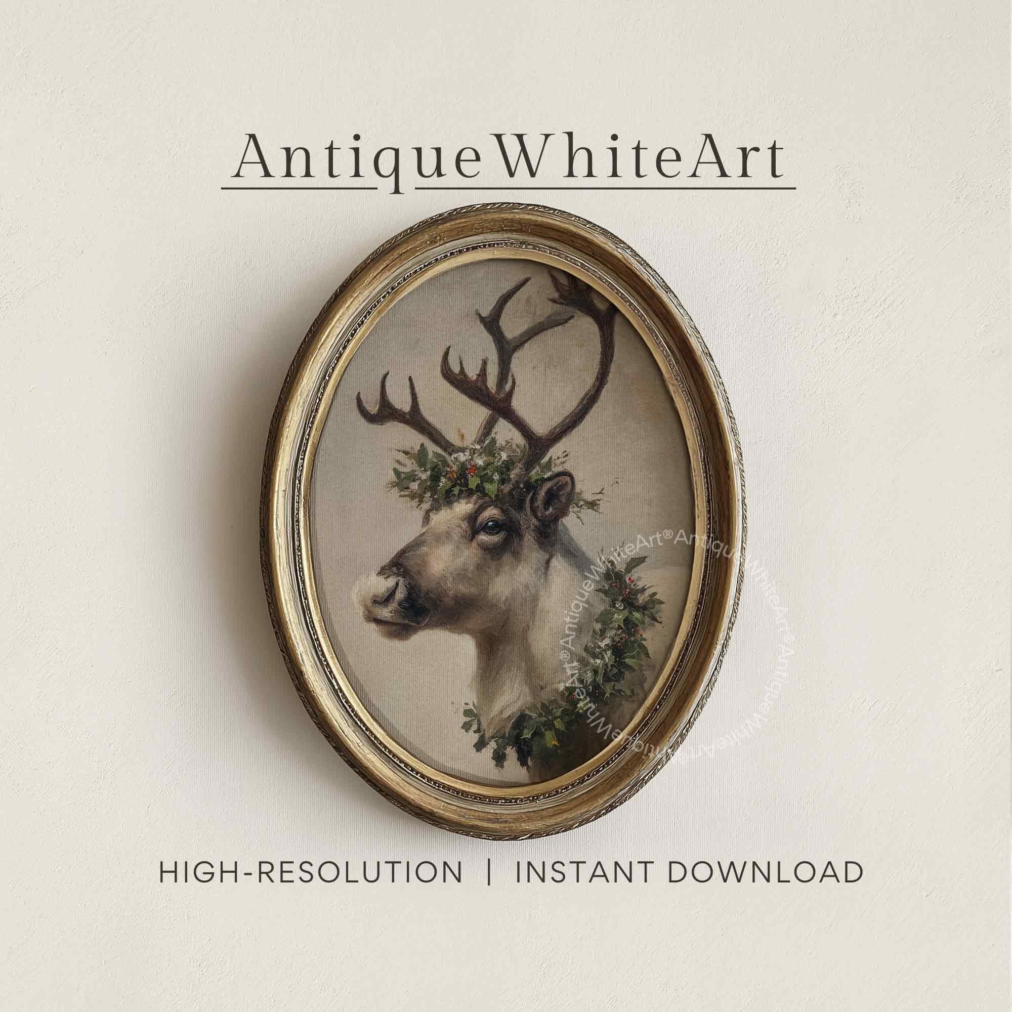 Vintage Style Reindeer Painting: Christmas Wall Art ( ) W172 Print