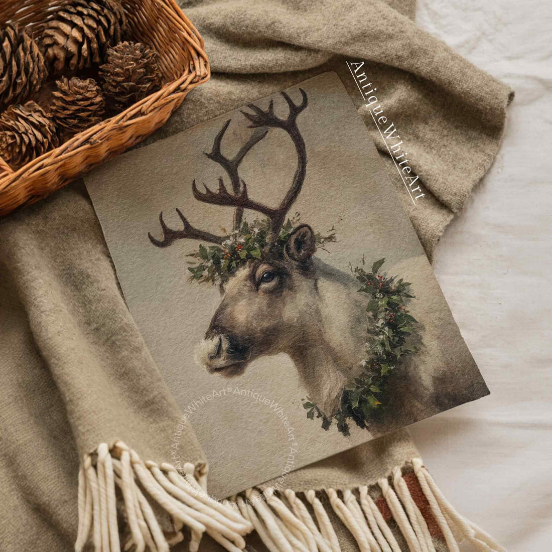 Vintage Style Reindeer Painting: Christmas Wall Art ( ) W172 Print
