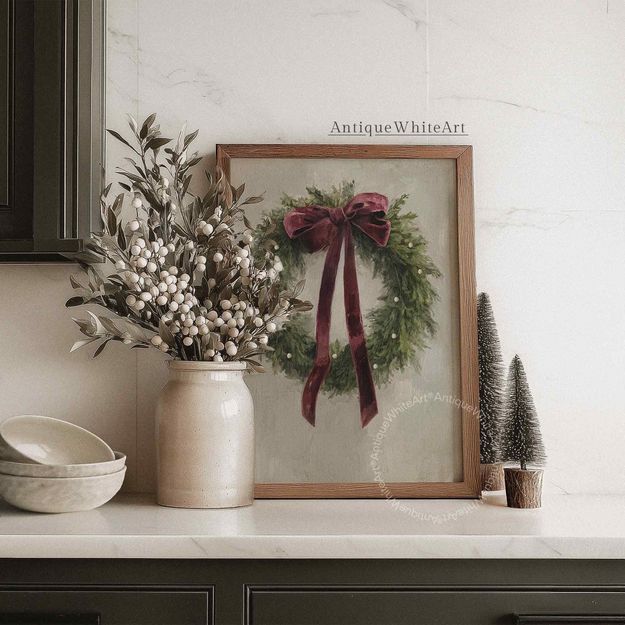 Vintage Style Christmas Wreath Art Print: Evergreen Velvet Bow ( ) W166 Print Wall