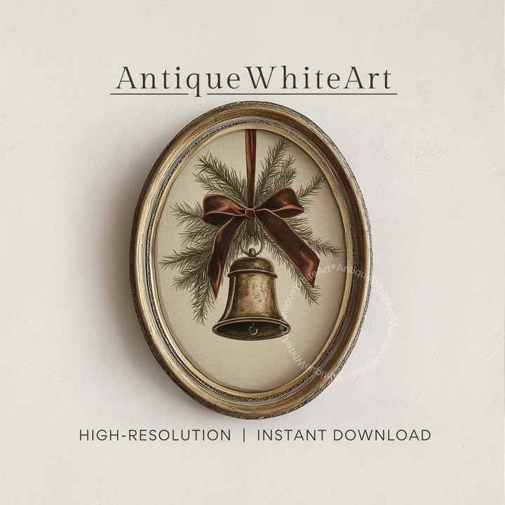 Vintage Style Christmas Bell Drawing: Rustic Holiday Print ( ) W176 Wall Art