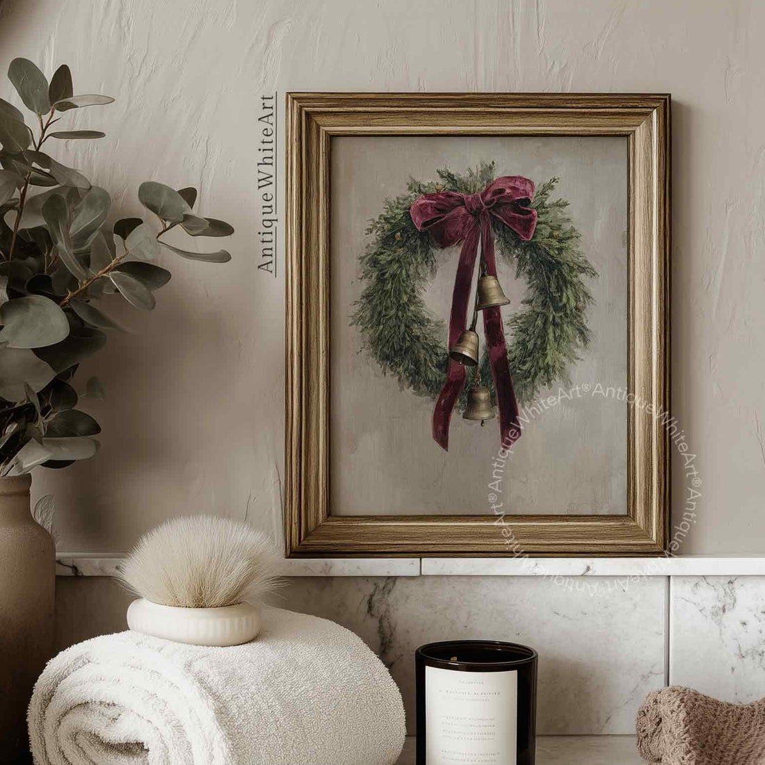 Christmas Wreath With Bells Neutral Holiday Wall Art Rustic Decor ( ) W169 Print