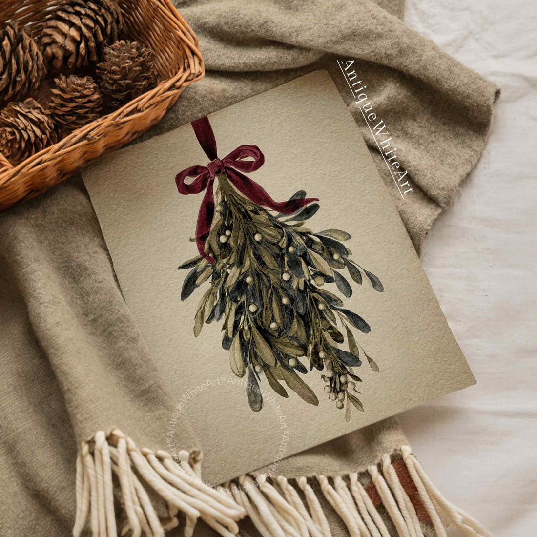 Vintage Style Mistletoe Christmas Print: Botanical Winter Wall Art ( ) W163 Print