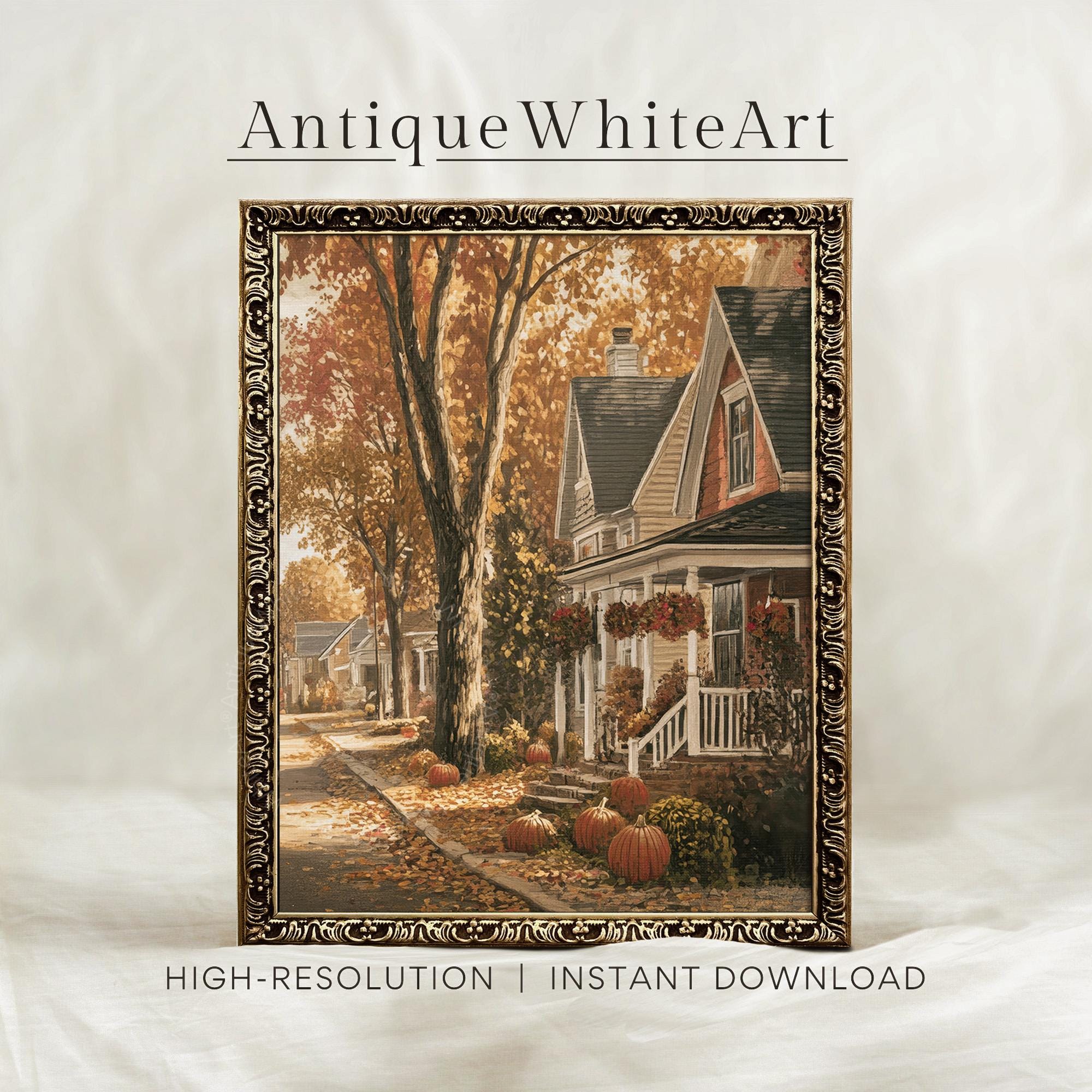 Vintage Style Fall Landscape Print: Cozy Town Warm Tones ( ) Print Wall Art