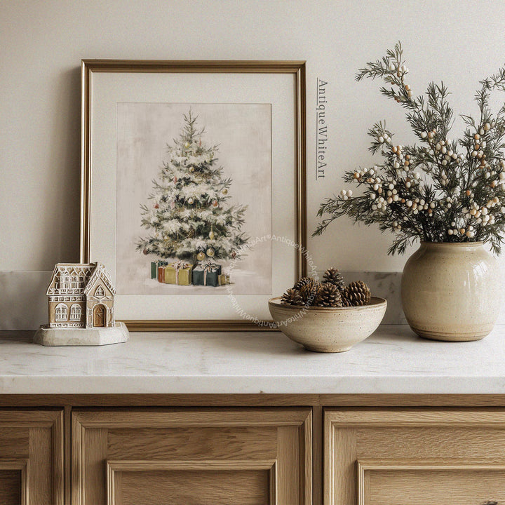 Vintage Style Christmas Tree Painting: Neutral Holiday Wall Art ( ) W182 Print