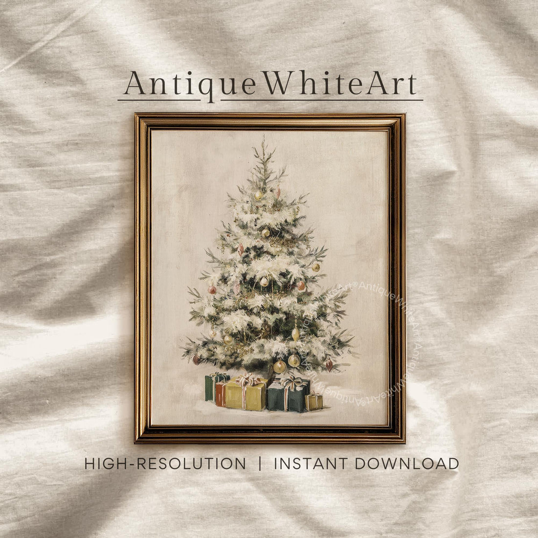 Vintage Style Christmas Tree Painting: Neutral Holiday Wall Art ( ) W182 Print