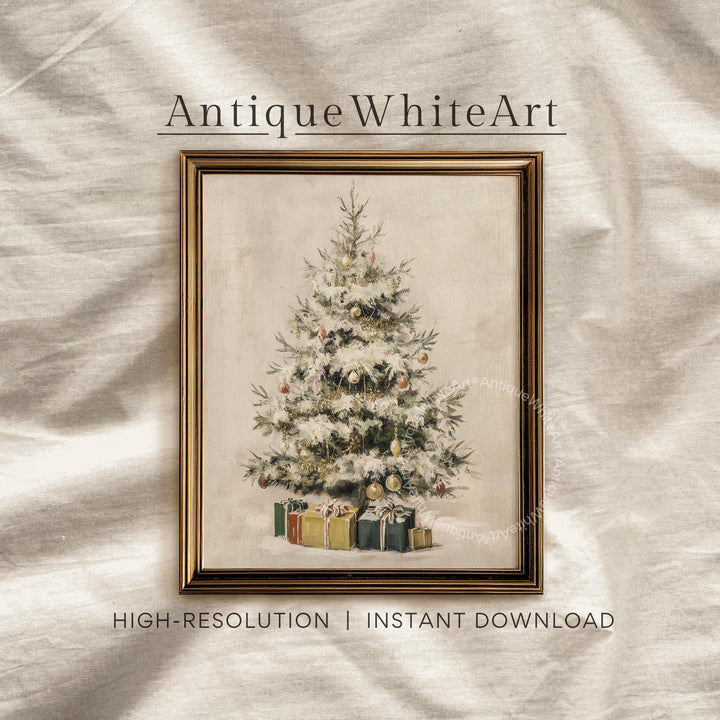Vintage Style Christmas Tree Painting: Neutral Holiday Wall Art ( ) W182 Print