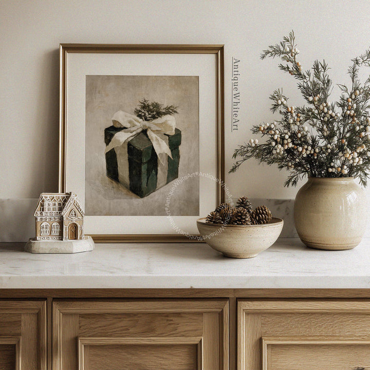 Vintage Style Christmas Gift Painting: Neutral Holiday Decor ( ) W187 Print Wall Art