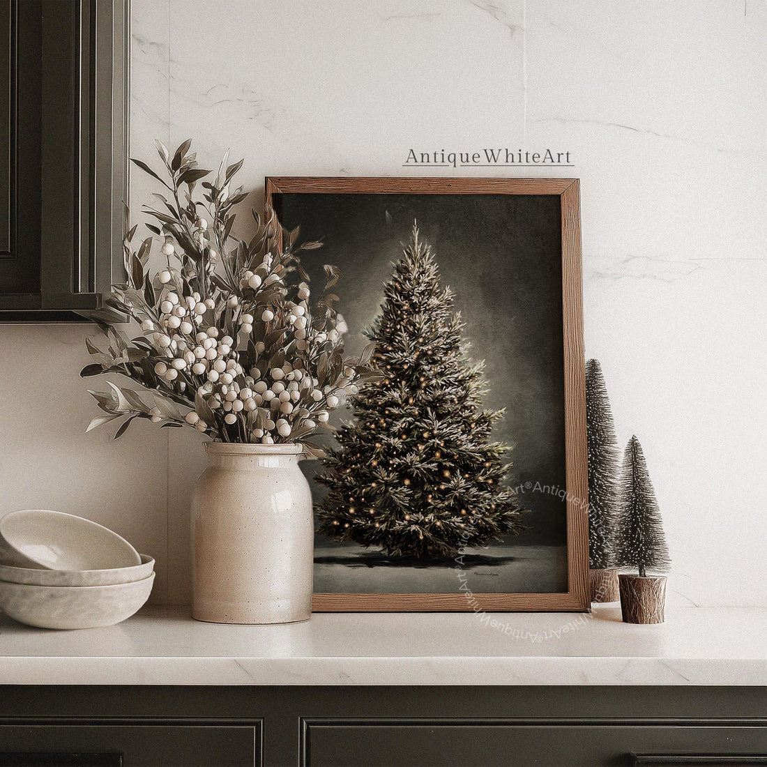 Christmas Tree Painting Vintage Style Dark Academia Holiday Print Moody Winter Wall Art W180