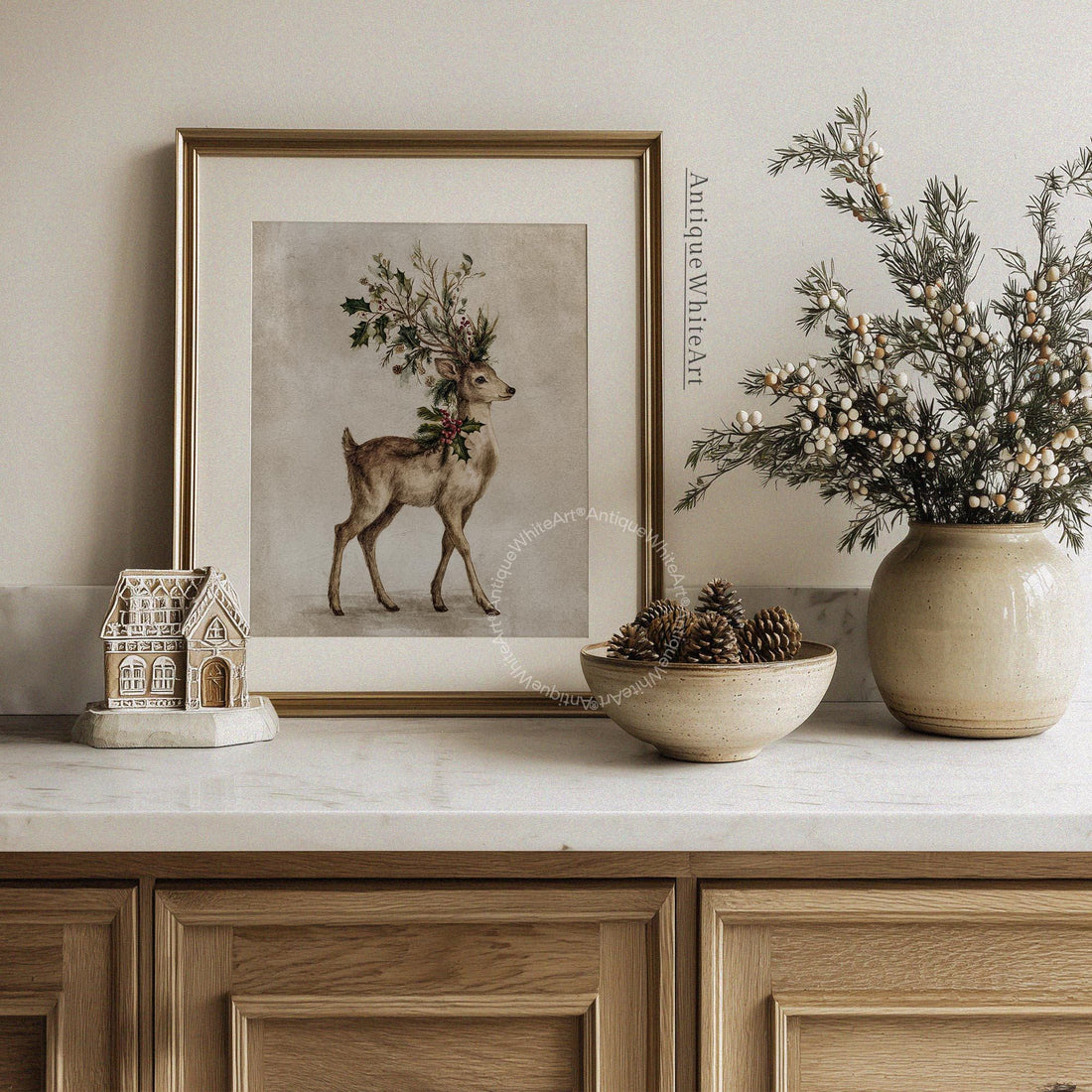Vintage Style Christmas Deer Print: Botanical Holiday Wall Art ( ) W183 Print