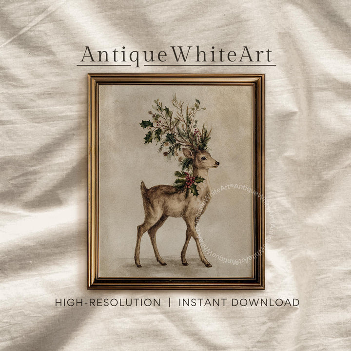 Vintage Style Christmas Deer Print: Botanical Holiday Wall Art ( ) W183 Print