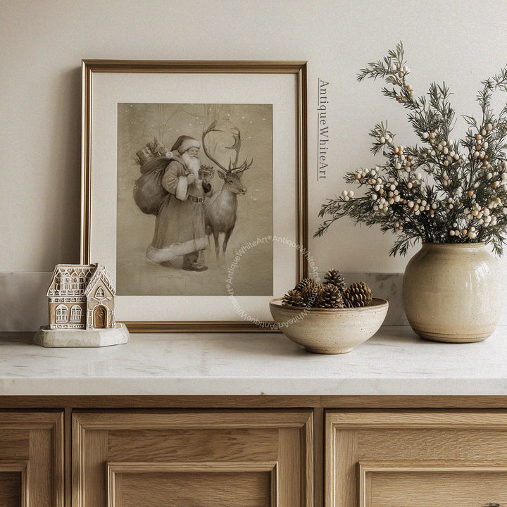 Santa And Reindeer Wall Art Vintage Style Christmas Print Sepia Antique-style Holiday Decor W184