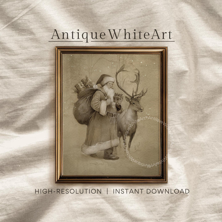 Santa And Reindeer Wall Art Vintage Style Christmas Print Sepia Antique-style Holiday Decor W184