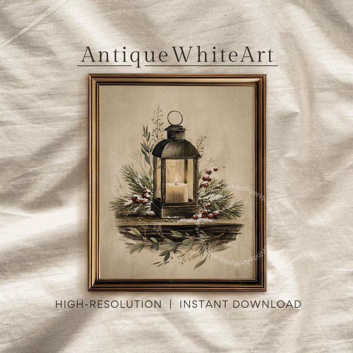 Vintage Style Christmas Lantern Botanical Print: Farmhouse Holiday Decor ( ) W179 Print Wall Art