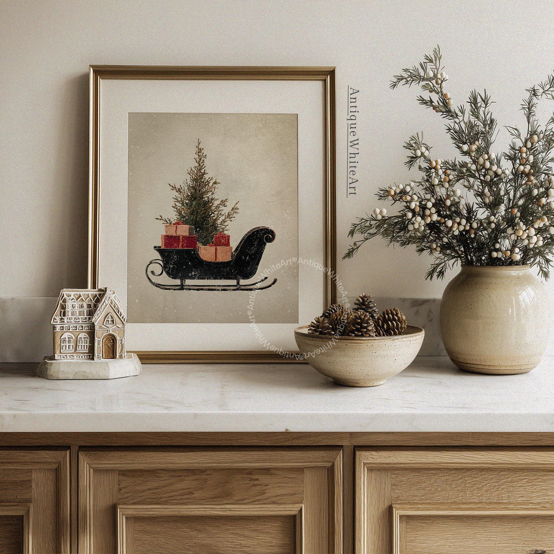 Vintage Style Christmas Sleigh Print: Holiday Wall Art ( ) W181 Print