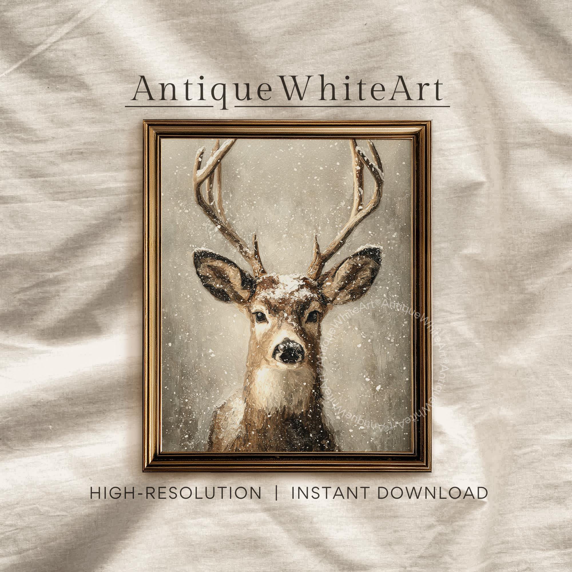 Vintage Style Winter Deer Portrait: Neutral Farmhouse Christmas Art ( ) W186 Print Wall