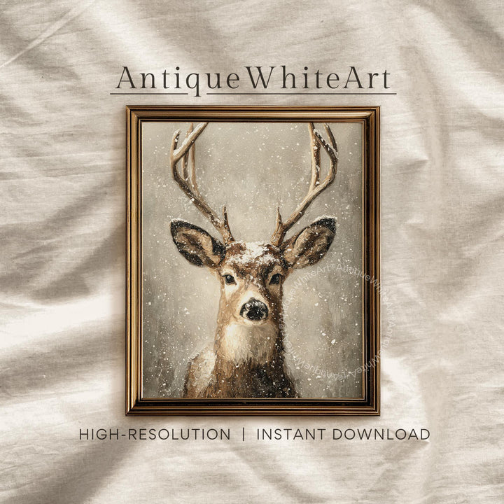 Vintage Style Winter Deer Portrait: Neutral Farmhouse Christmas Art ( ) W186 Print Wall